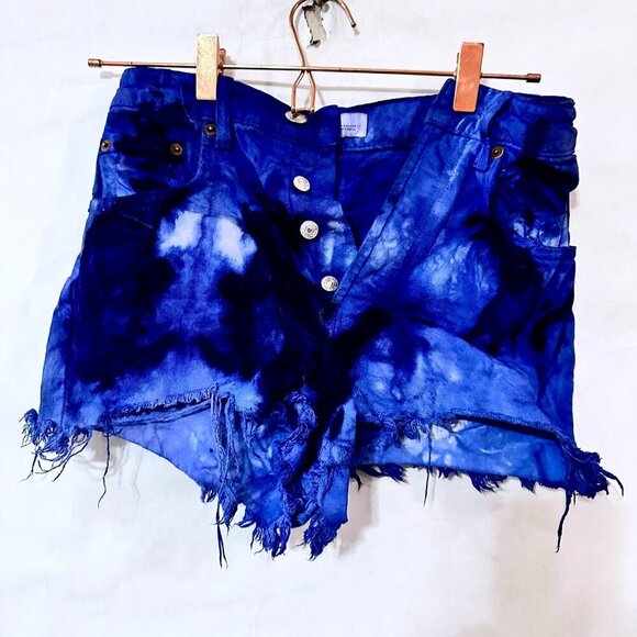 Zara Size 2 Blue Denim Shorts Jeans Tie Dyed Distressed Hot Fringe Tied Dye OOAK - Picture 8 of 8